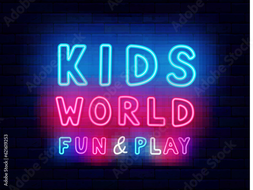 Kids world neon label. Fun and play. Handwritten colorful inscription. Play zone. Vector stock illustration