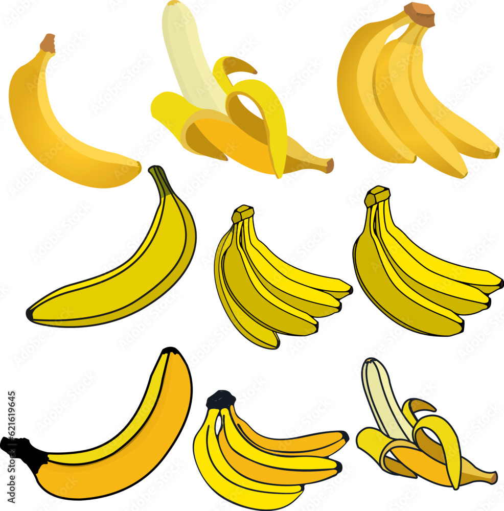 Set of the fresh banana icons. Design elements for logo, label, emblem, insignia, sign, identity, logotype, poster. Set of the fresh banana icons. Design elements for logo, label, emblem, insignia, sign, identity, logotype, poster.