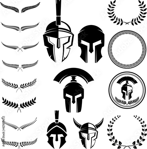 Set of the spartan warriors helmets and design elements for emblems create. Design elements for logo, label, emblem, sign. Vector illustration.