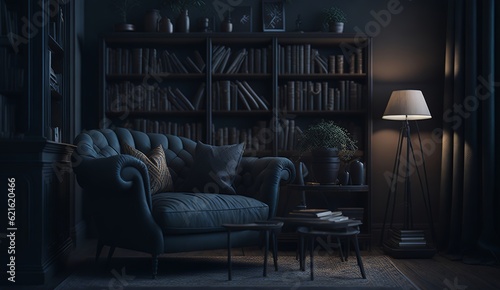 Homely living room with cozy corner, bookshelf, and comfortable furniture.