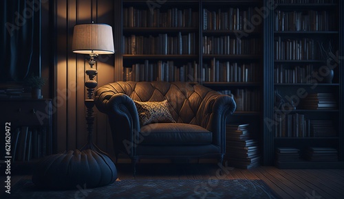 Homely living room with cozy corner, bookshelf, and comfortable furniture. © Designocracy