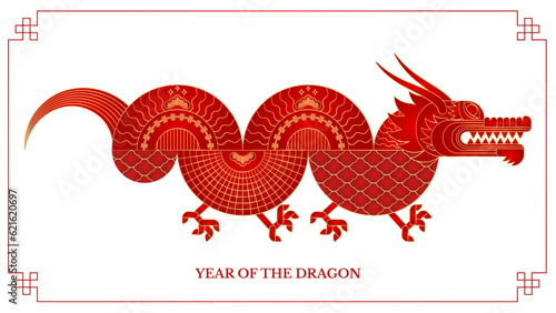 Geometric chinese dragon. Luxury red gold abstract zodiac animal.
