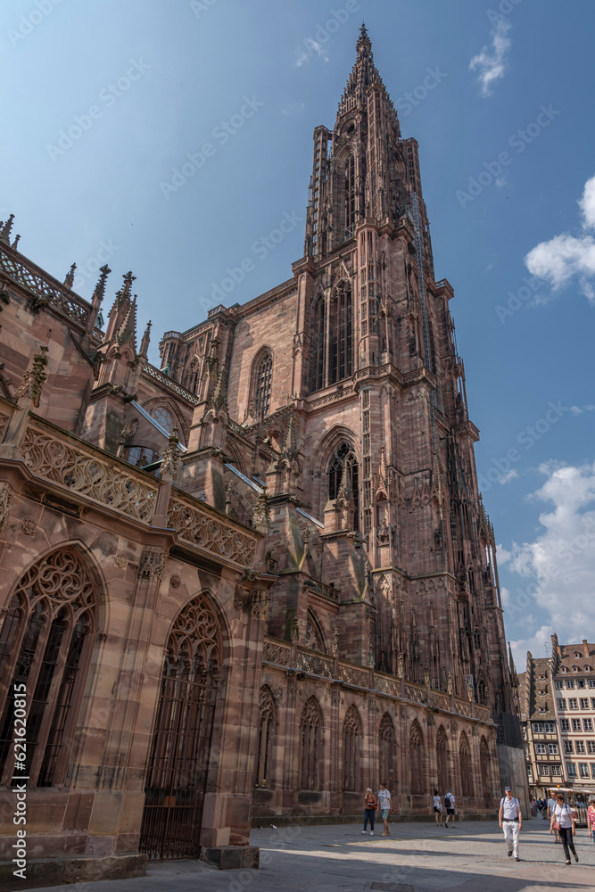 Strasbourg, France - 06 26 2023: Strasbourg cathedral: View of the cathedral and the city around from the bottom.