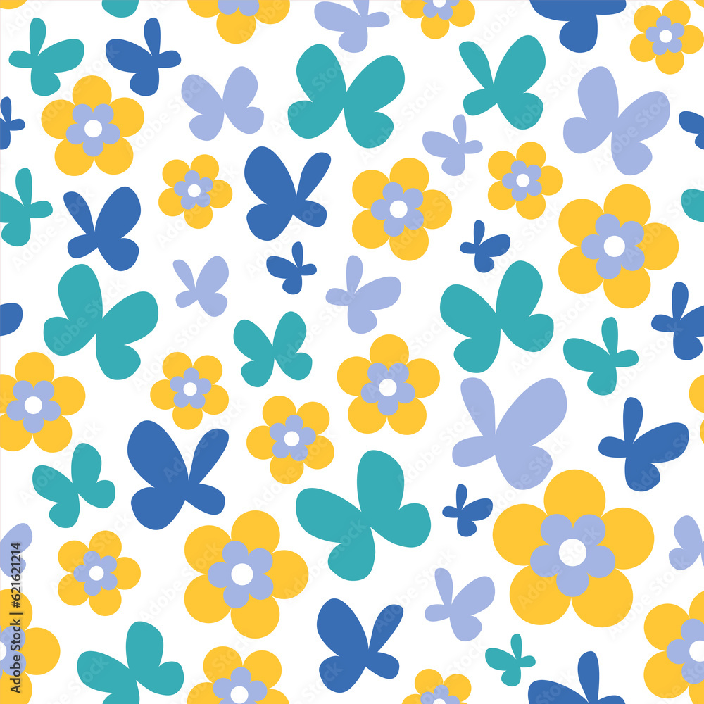 Seamless pattern with butterflies and flowers in summer colors: yellow, blue and green, fabric print Seamless pattern with butterflies and flowers in summer colors: yellow, blue and green, fabric print