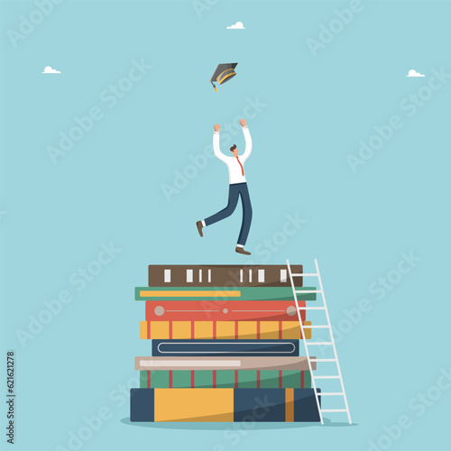 Reading books for knowledge, developing intelligence and thinking skills, using wisdom to achieve goals and success, knowledge or education for future work, a man throws an academic hat on books.