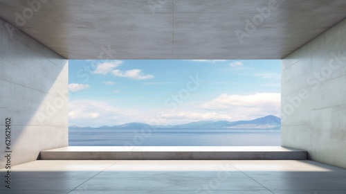 Abstract empty minimal concrete inerior with an ocean view, 3d rendering, AI generated image