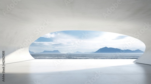 Abstract empty minimal white concrete inerior with an ocean view, 3d rendering, AI generated image © evannovostro