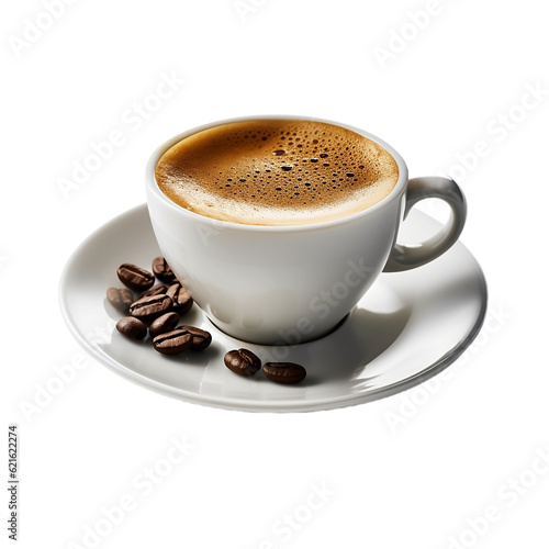 cup of coffee with beans isolated on white background