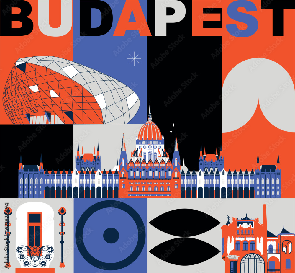 Obraz premium Budapest culture travel set, video split screen, famous architecture in flat design. Business travel, tourism concept clipart. Image presentation, banner, website, advert, flyer, roadmap icon. Hungary