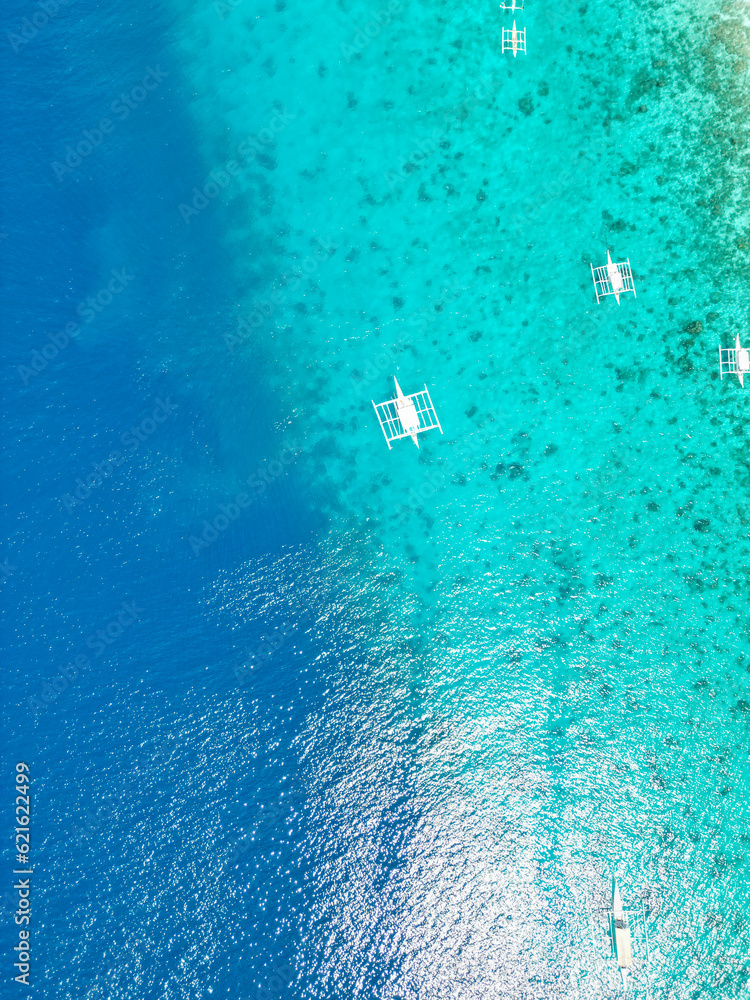 Obraz premium Beautiful beaches and hopping boats on Balikasak Island, Bohol, Philippines, a sacred place for scuba diving (traditional Philippine boats, banca)