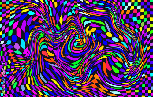 Distorted neon checkered pattern. Abstract euphoria. Hallucination in consciousness