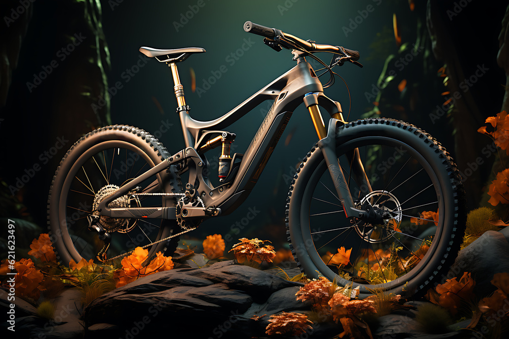 Thrilling Mountain Biking Adventure: 3D Character on a Wild Ride in a dark background