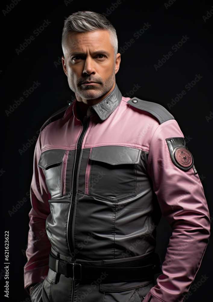 Obraz premium Authoritative Male Officer-Security Guard Wearing a Pink Shirt-Generative AI