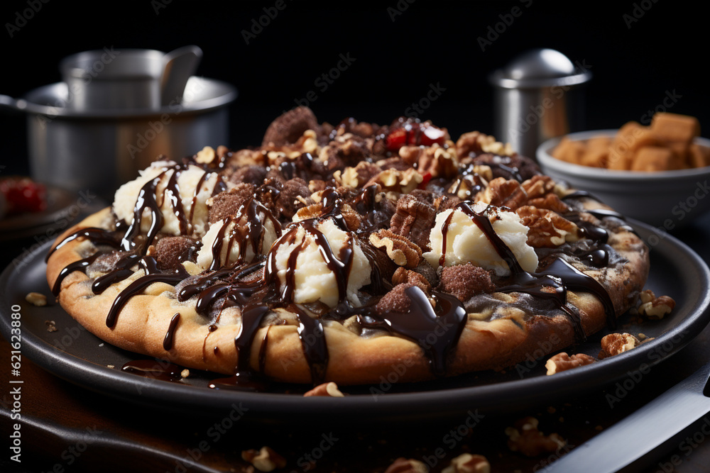sweet pizza with chocolate sauce
sweet pizza with chocolate sauce