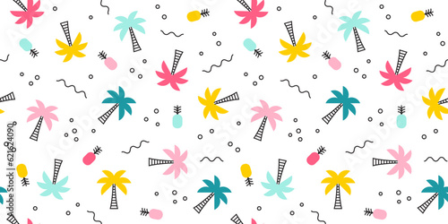 Seamless summer pattern with palm trees, pineapples and geometric shapes. Cute colorful vector background.