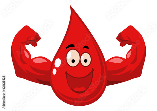 Funny cartoon character of blood drop with muscular hands, vector illustration