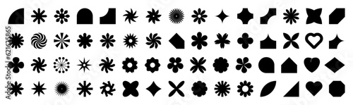 Daisy floral organic form, star, heart and other elements in trendy playful brutal style. Black flowers and geometric shapes. Vector icons isolated on white background.