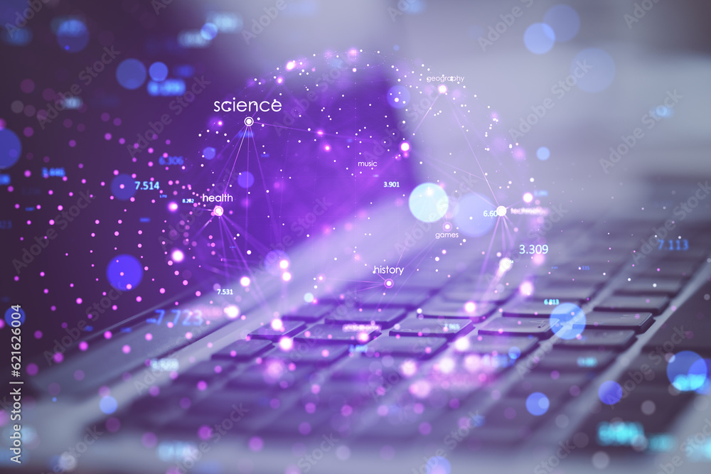 Close up of laptop keyboard with creative polygonal sphere on blurry background. Network and connect concept. Double exposure. Close up of laptop keyboard with creative polygonal sphere on blurry background. Network and connect concept. Double exposure.
