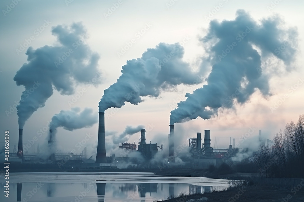Smoking factory chimneys, smoke from factory. Large plant with smoking pipes, air pollution from smoke. Environmental pollution concept, ecology problem. AI generated image
