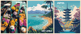 Set of Travel Destination Posters in retro style. Bangkok, Thailand, Sri Lanka, Japan Tokyo prints. Exotic summer vacation, holidays concept. Vintage vector colorful illustrations.
