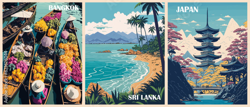 Set of Travel Destination Posters in retro style. Bangkok, Thailand, Sri Lanka, Japan Tokyo prints. Exotic summer vacation, holidays concept. Vintage vector colorful illustrations.
