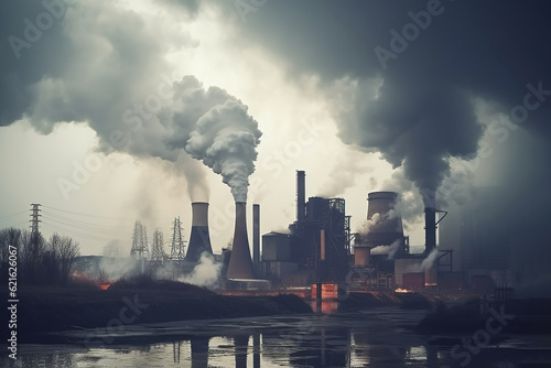 Smoking factory chimneys  smoke from factory. Large plant with smoking pipes  air pollution from smoke. Environmental pollution concept  ecology problem. AI generated image
