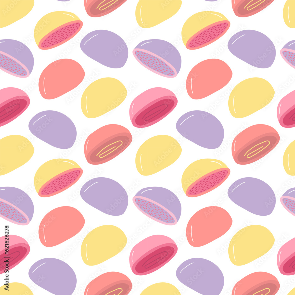 Vector flat mochi seamless pattern. Pastel mochi dessert pattern on white background Vector flat mochi seamless pattern. Pastel mochi dessert pattern on white background