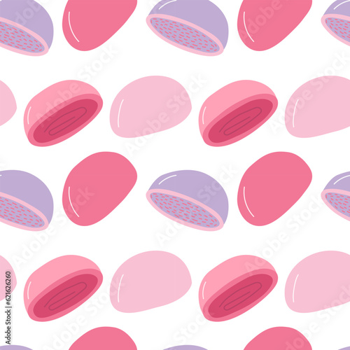 Vector mochi cake seamless pattern. Pink mochi pattern on white background
