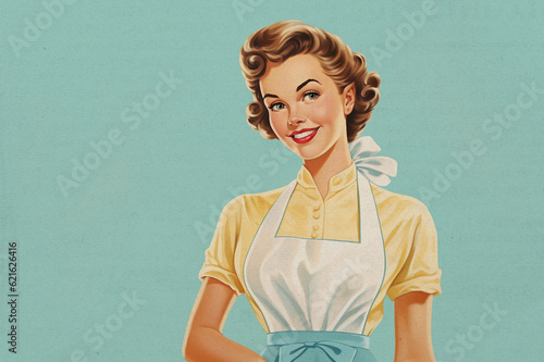 Paper textured vintage style illustration of cheerful young woman with apron isolated on blue background. Happy housewife of the 1950s concept. Copy space for text. Made with generative AI.
