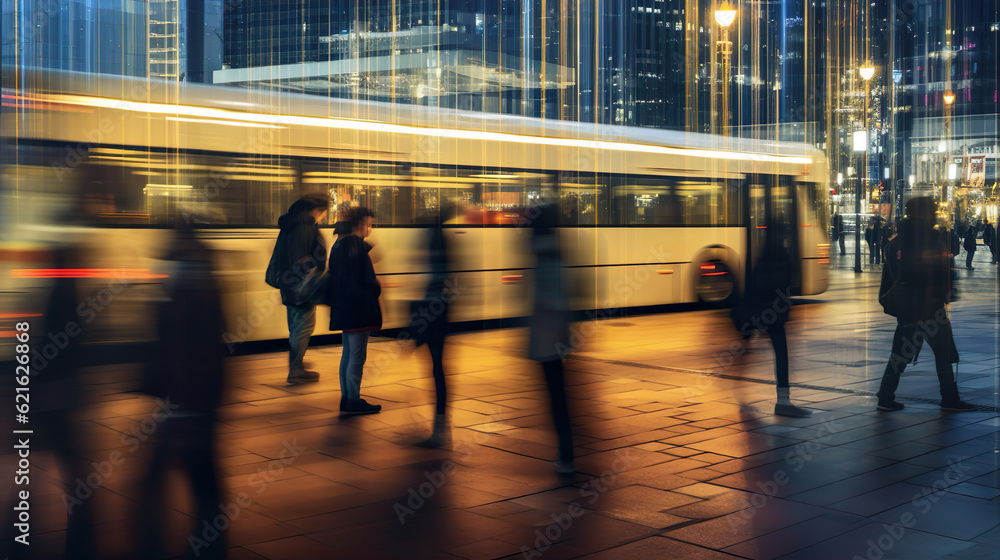 City Street in Motion: Commuters on the Move at Night