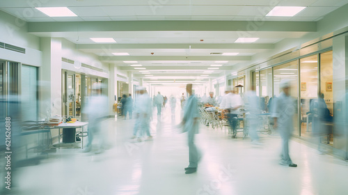 Busy Hospital Scene with Blurred Motion of Doctors and Group of People Walking