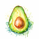 avocado with pit set watercolor on a white background created with Generative Ai
