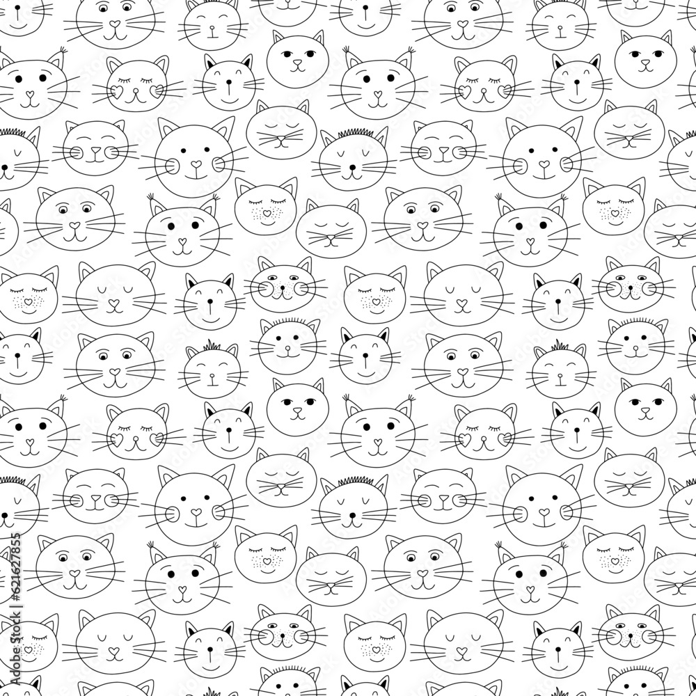 Doodle cat faces seamless pattern. Different cats vector pattern