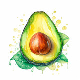 avocado with pit set watercolor on a white background created with Generative Ai