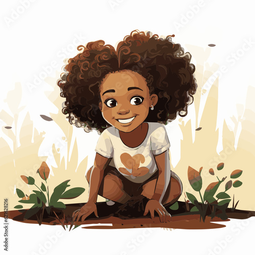simple cartoon clipart black african american girl child in nature white background
