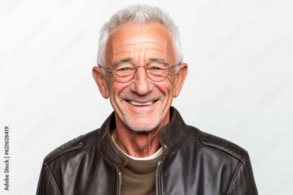 man in his 60s that is wearing a trendy faux leather jacket against a white background man in his 60s that is wearing a trendy faux leather jacket against a white background