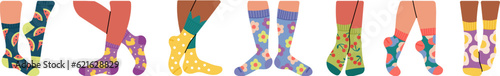 Legs in socks. Women leg wear sock cotton and wool with decorative design. Underwear, isolated female feet in trendy accessories, decent vector set