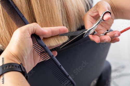 Professional hair stylist holding comb and hot thermal scissors cutting tips of long straight hair lock closeup.