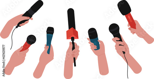 Hands holding microphones, vintage microphone for record. Broadcasting or interview, audio recording equipment. Decent journalist vector set