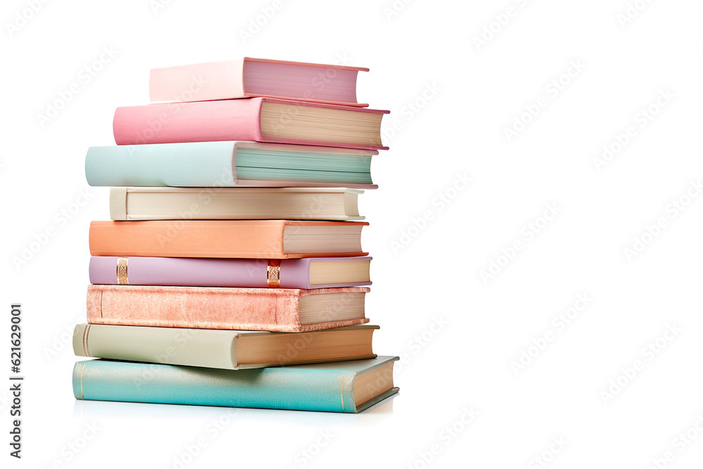 Stack of colorful books isolated on white background with copyspace for text. Collection of different books. Back to school, education and learning concept. AI generated image Stack of colorful books isolated on white background with copyspace for text. Collection of different books. Back to school, education and learning concept. AI generated image