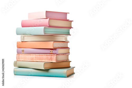 Stack of colorful books isolated on white background with copyspace for text. Collection of different books. Back to school, education and learning concept. AI generated image