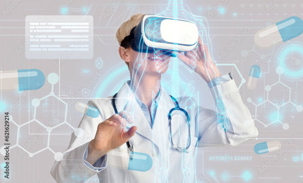 Woman doctor using VR goggles, touching hologram, study patient data Woman doctor using VR goggles, touching hologram, study patient data