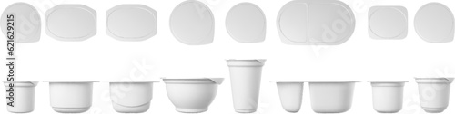 Realistic yogurt cups. Packaging cup with lid. Yoghurt mockup, 3d white dairy products plastic containers. Package sour cream pithy vector set