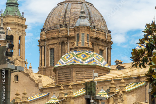 Closeup, beautiful tiled domes in Basilica del Pilar in Zaragoza photo