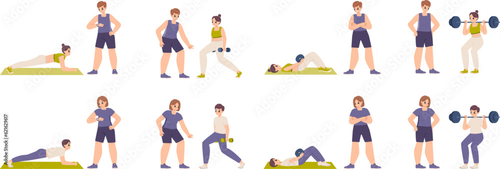 Sport training with trainer. Boy and girl athletes doing personal workout. Male female coach, physical health cartoon snugly vector characters