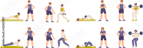 Sport training with trainer. Boy and girl athletes doing personal workout. Male female coach  physical health cartoon snugly vector characters