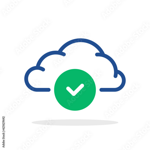 thin line blue cloud icon with green checkmark