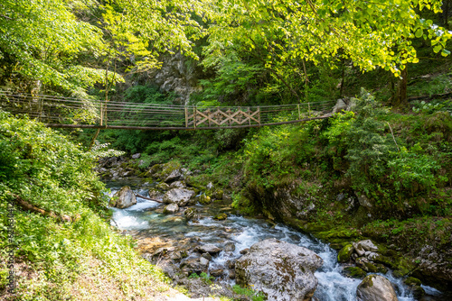 Rope bridge suspended over Soca river tributary  deep in the slovenian Alps mountains