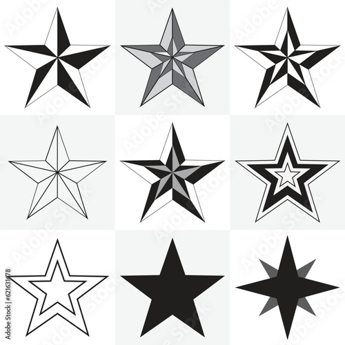 Star icons set. Stars bundle. Twinkling stars. Sparkles, shining burst. Christmas vector symbols isolated. 3D trophy stars icon.