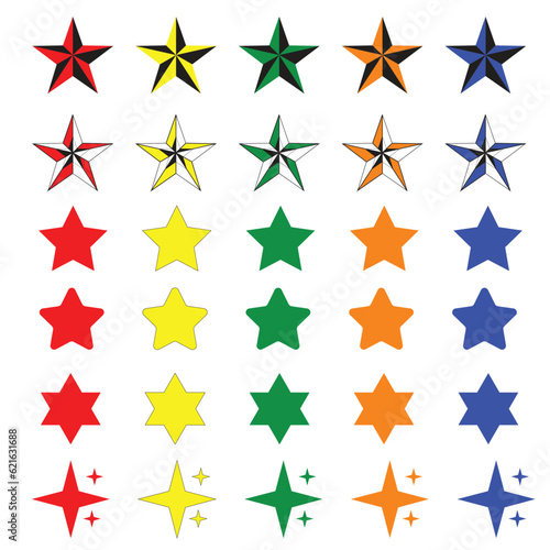 Star icons set. Unique color star sets. Twinkling stars. Sparkles  shining burst. Christmas vector symbols isolated. 3D trophy star icon.